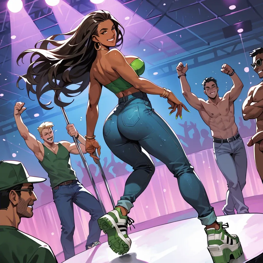 roberta tubbs from the cleveland show, dark brown skin, rave, dancing, large round ass, smiling, long hair, straightened hair, black hair with blonde stripe, skin tight strapless green tube top, skin tight low rise jeans, platform sneakers, visible midriff