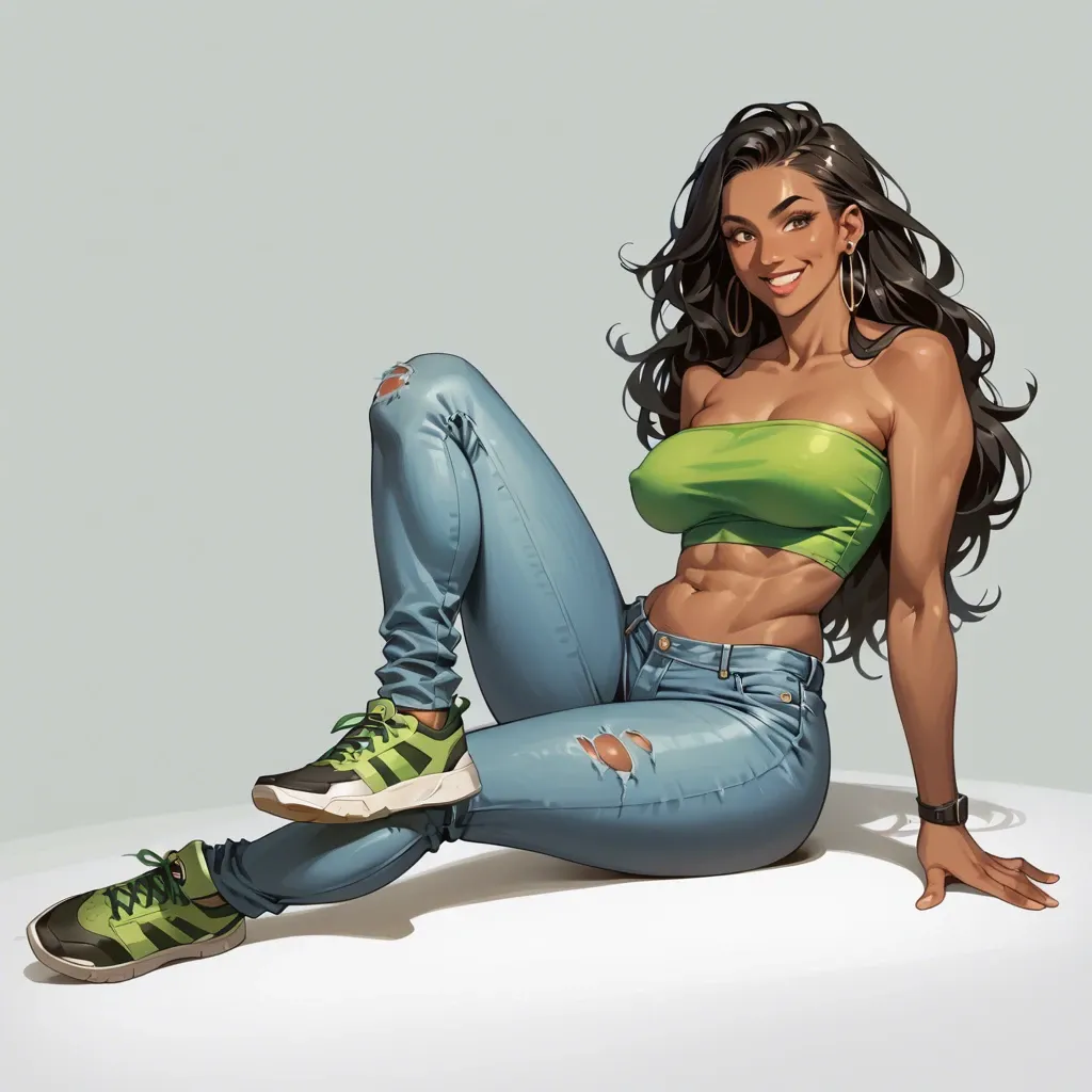 roberta tubbs from the cleveland show, dark brown skin, large round ass, smiling, long hair, straightened hair, black hair with blonde stripe, skin tight strapless green tube top, skin tight low rise jeans, sneakers, visible midriff, belly button piercing, nightclub