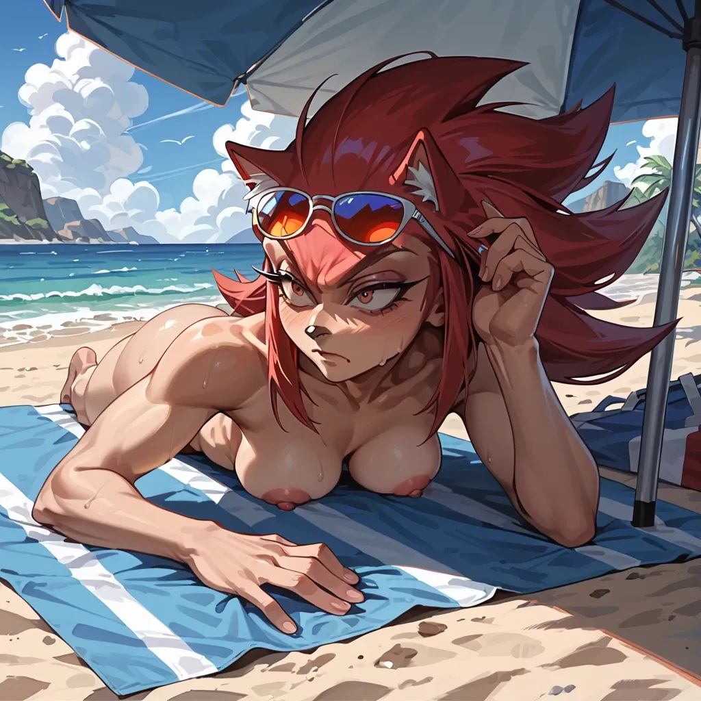 Bored makima naked at the beach sunglasses under umbrella getting fucked doggystyle by excited shadow the hedgehog