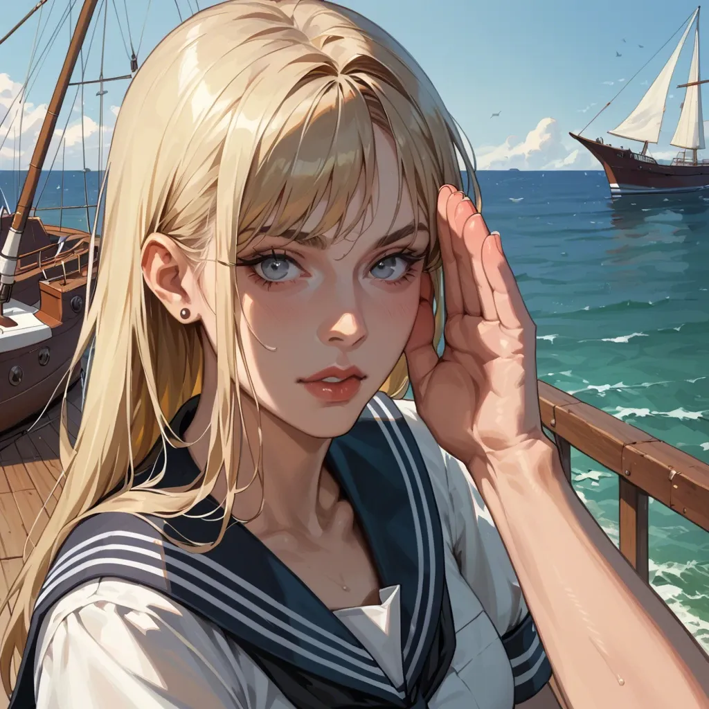 Blonde Female Sailor Fuckdoll, Sailor Dress,  sailing ship, standstill and salute, portrait, pov