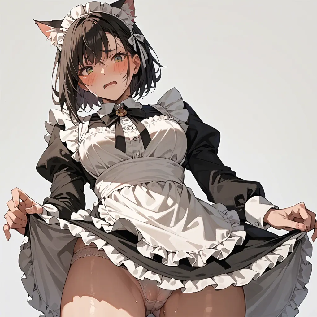 Hot Catgirl maid upskirt panty shot, embarrassed cute