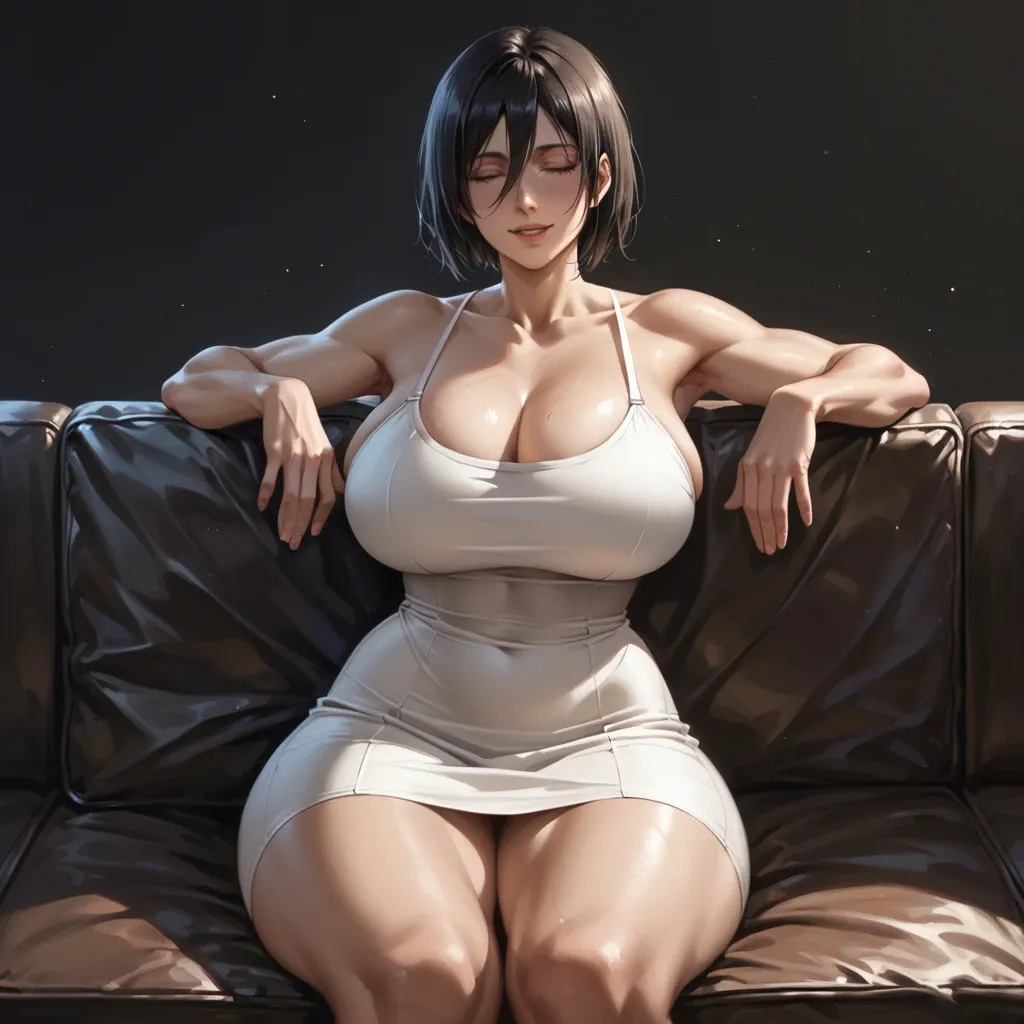 1 girl, Mikasa, full clothing, very tight clothing, casual dress, sofa, eyes closed, smiling, detailed face, black background, massive ass, massive breast, High definition, good face, good hands