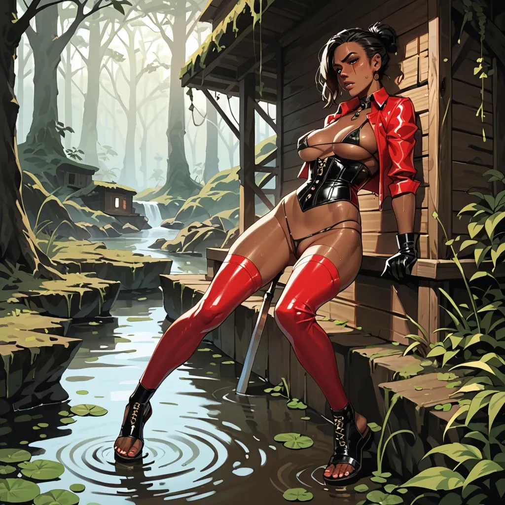 1girl,solo, , , , cheekbones,arm pull,large boob slip,swamp cabin,very dark skin, pants down,knee socks,strings,latex corset,black sneakers, open uniform,red stockings,gloves,microbikini,sandals, castle exterior, dildo in pussy, anime, dark eyeliner, anna, nami