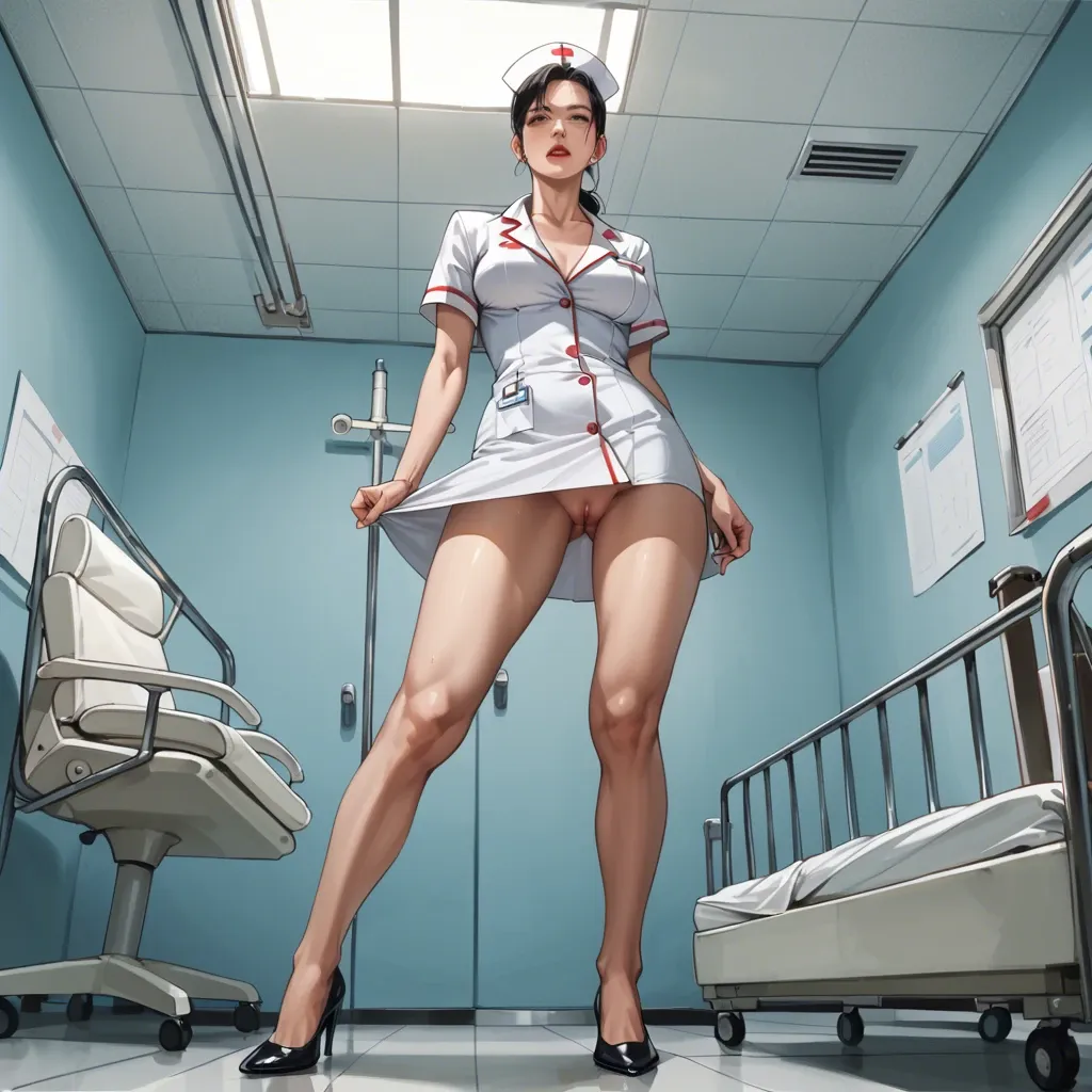 nurse, upskirt, no panties, mischievous, background hospital after dark