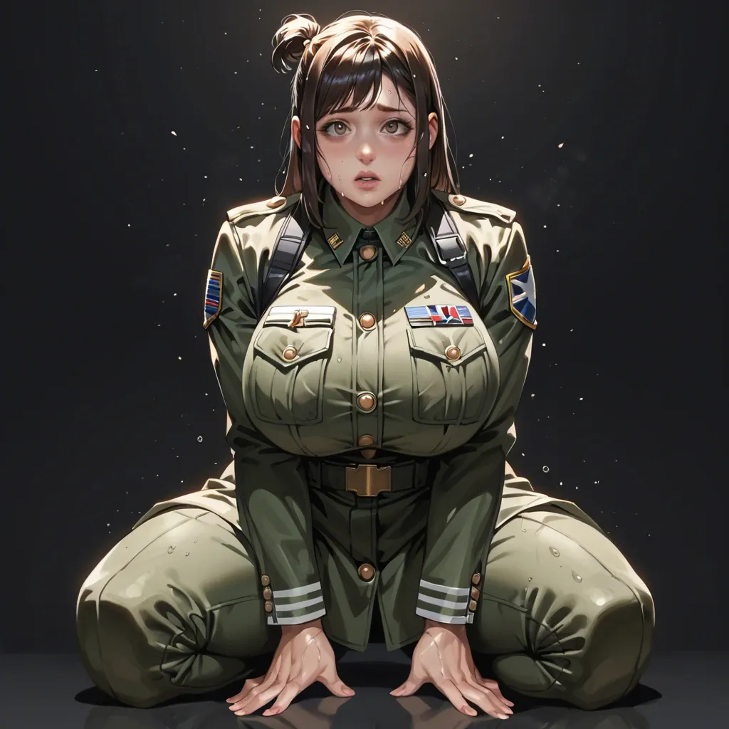 1 girl, Inko Midoriya, Brilliant Eyes, hands on knees, militar outfit, detailed outfit, detailed face, black background, do not show hands, massive ass, massive breast, High definition, face, solo, wet, full clothes