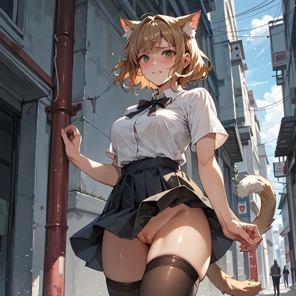 Hot Catgirl upskirt, cute, embarrassed, thigh highs