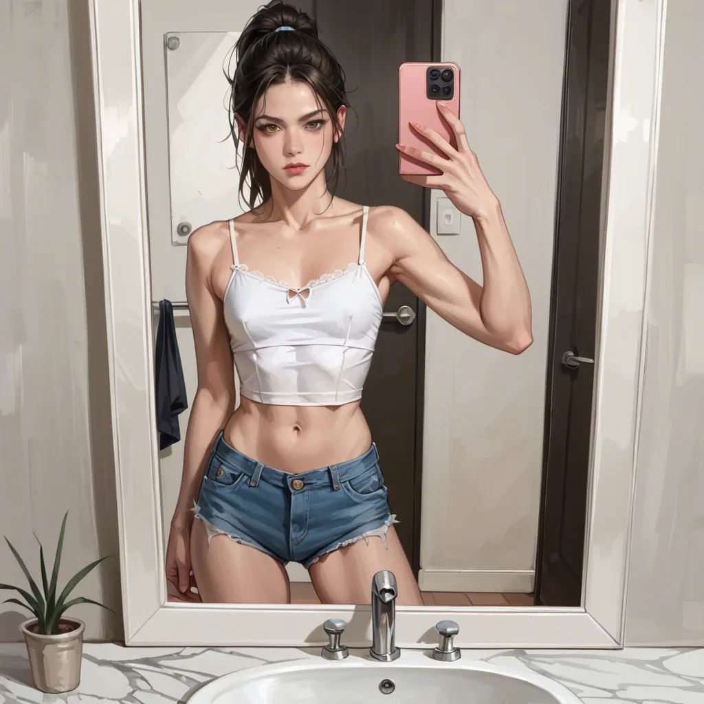 realistic realistic,full detailed,accurate human anatomy,ponytail,youngfull,slim,petite,skinny,petite chest,white cropped camisole,jean hotpants,selfie in mirror,solo