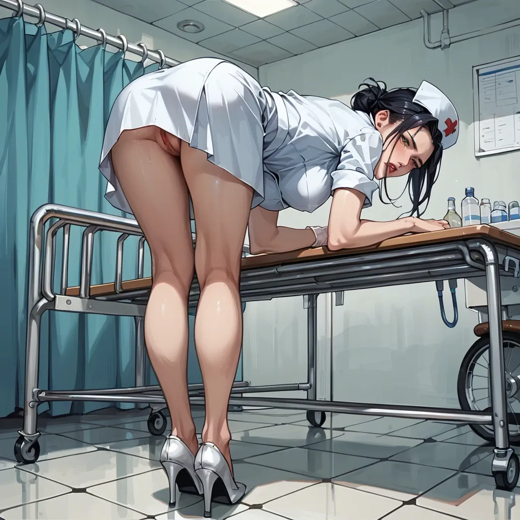 nurse, upskirt, no panties, bent over, mischievous, background hospital after dark