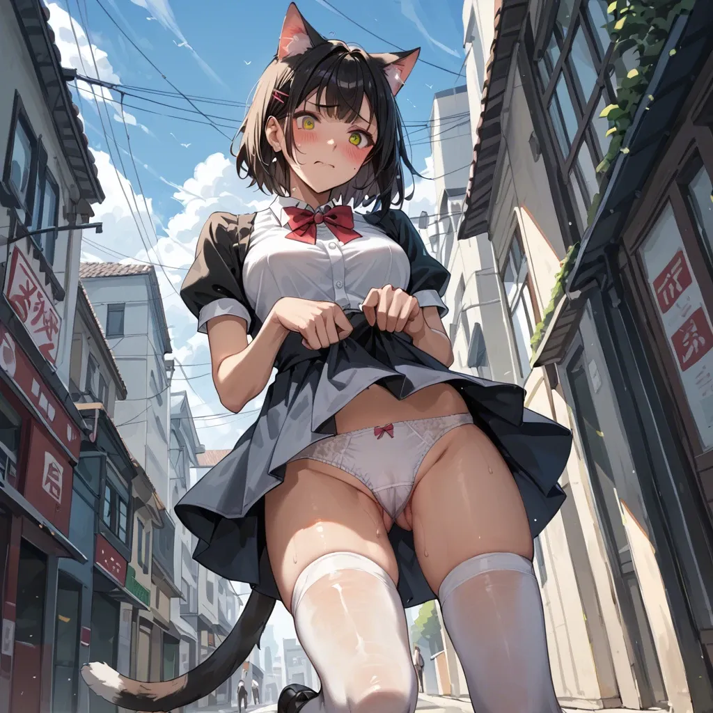 Hot Catgirl upskirt, cute, embarrassed, thigh highs, panties on