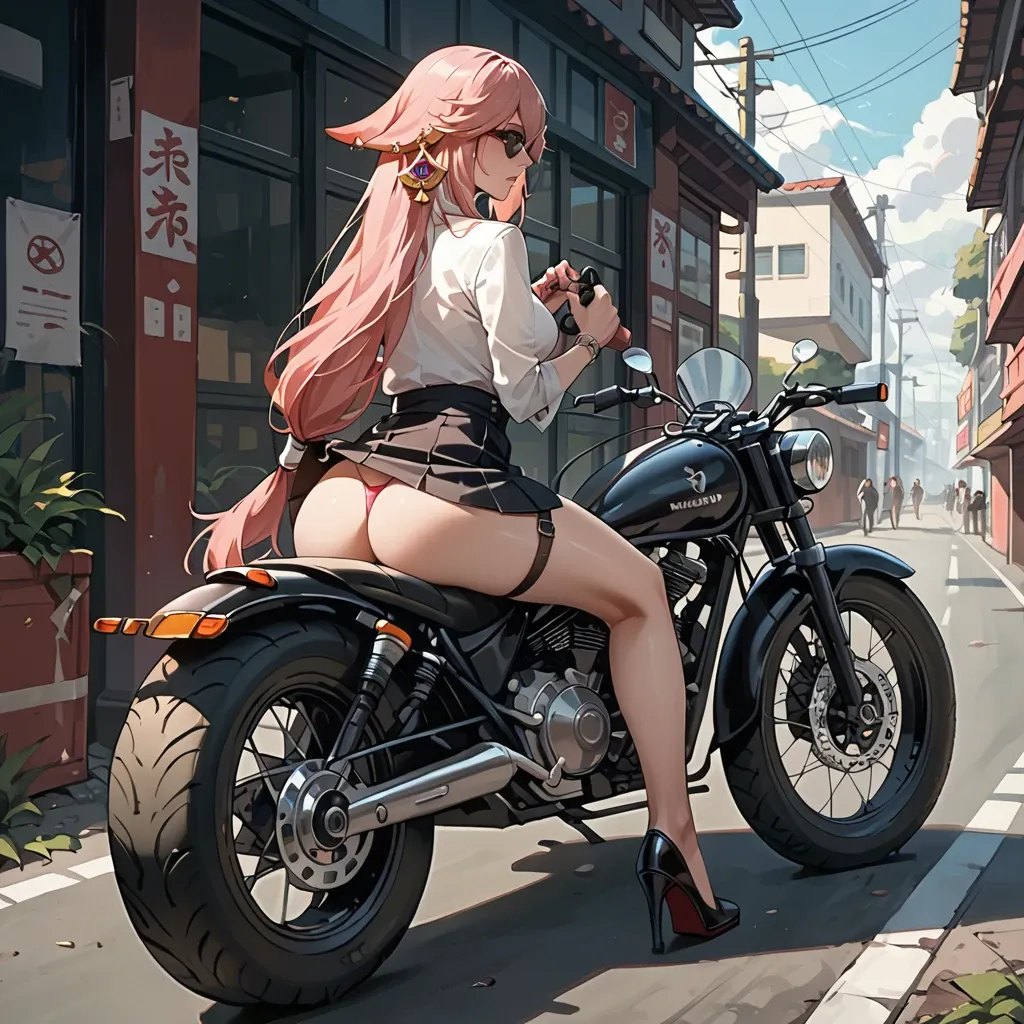 Yae Miko, dressed in a black skirt and an open-breasted white shirt, poses sitting on a motorcycle, her body tilted forward, holding the steering wheel with her hands, rear view, skirt lifted and G-string visible, black sunglasses, hair fluttering in the wind