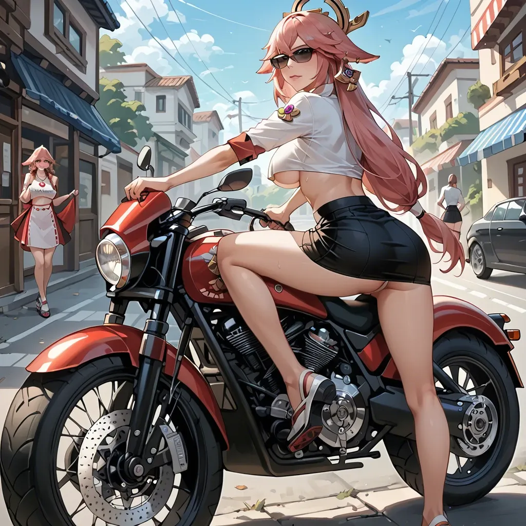 Yae Miko, dressed in a black skirt and an underboob white shirt, poses sitting on a motorcycle, her body bend forward, holding the steering wheel with her hands, rear view, skirt slightly lifted and G-string visible, black sunglasses, hair fluttering in the wind