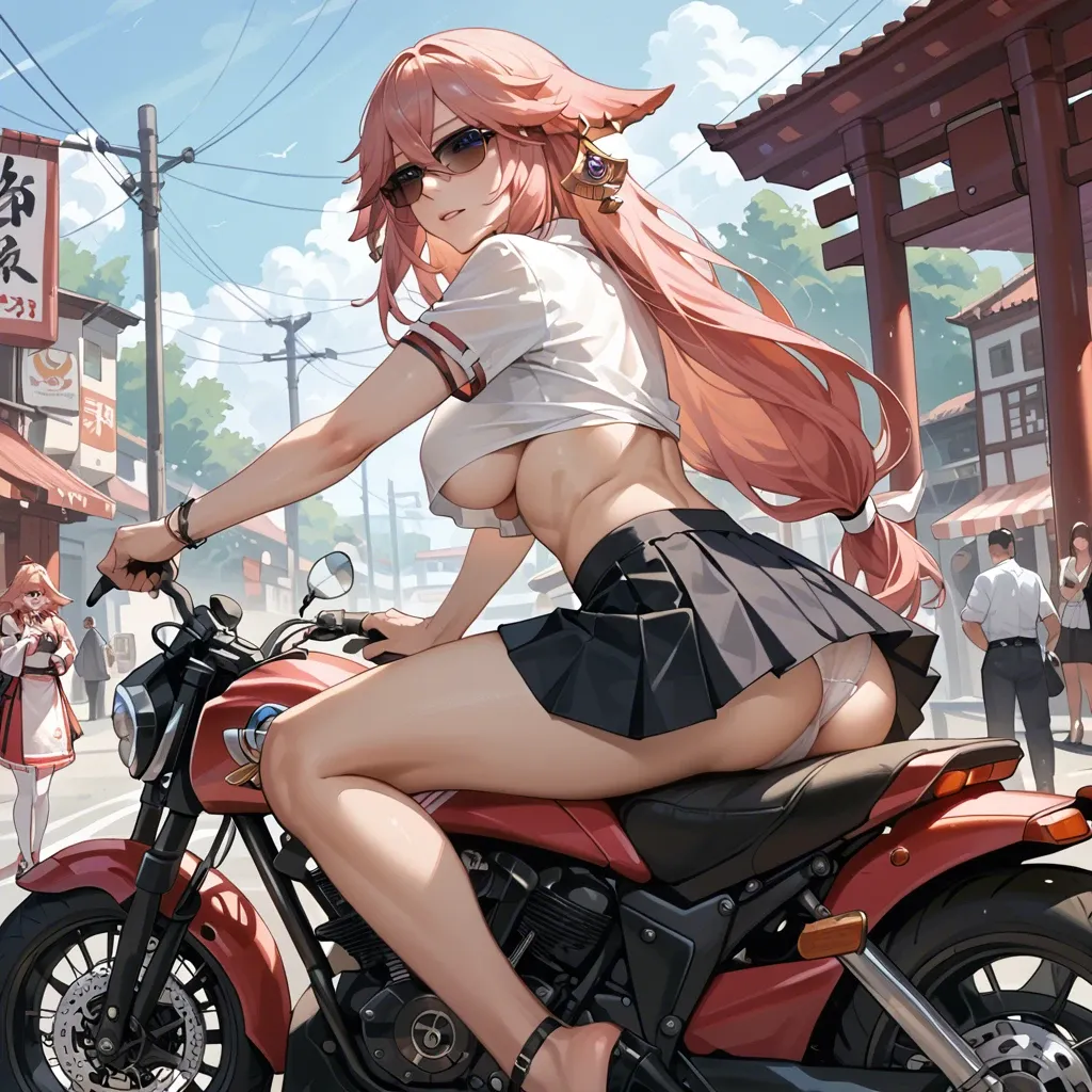 Yae Miko, dressed in black skirt and a white shirt with underboob, posing sitting on a motorcycle, holds the steering wheel with his hands, the camera is from behind, the skirt is raised and the panties are visible, black sunglasses, hair fluttering in the wind