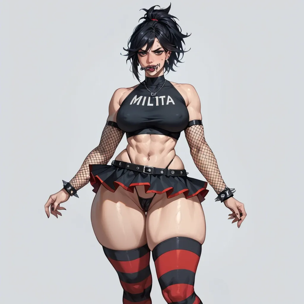 ryuko matoi, goth, eyebrow piercing, piercing under mouth, Metallica top, fishnet armwear, spiked bracelets, striped legwear, fishnet skirt, g-string, mini ponytail, big hips, huge thighs, puffy thighs