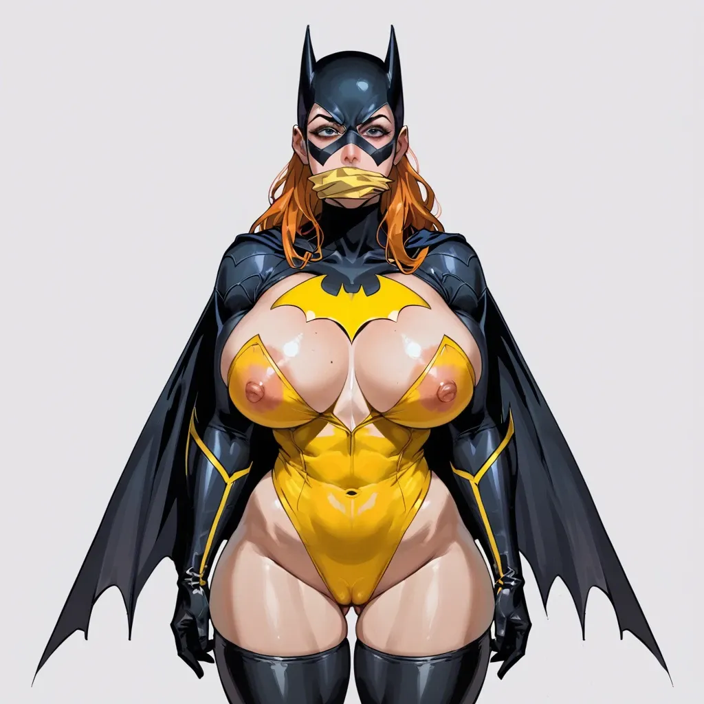 kingjnar, batgirl, enclosed costume, covered face, covered mouth, huge breasts, huge nipples, huge areolae, huge ass, huge hips, cameltoe