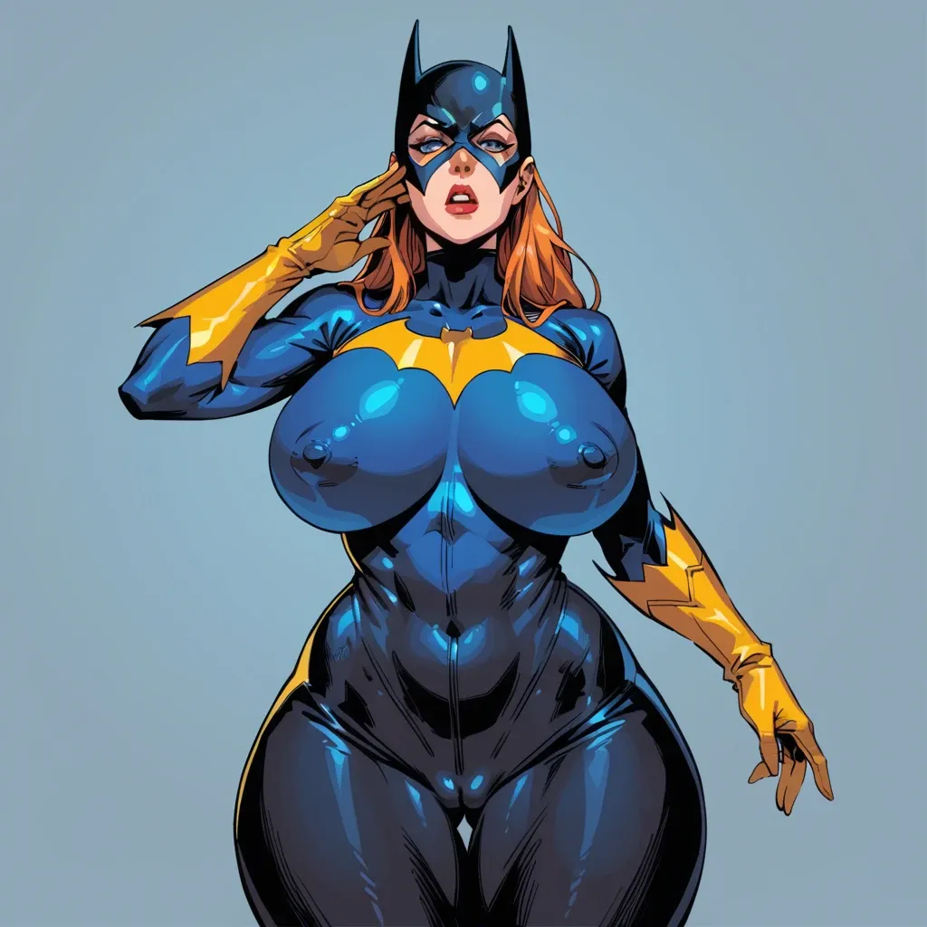 ebora, fully enclosed batgirl costume, mask with lenses, covered face, covered eyes, huge breasts, huge nipple bulge, huge ass, wide hips, huge thighs, cameltoe