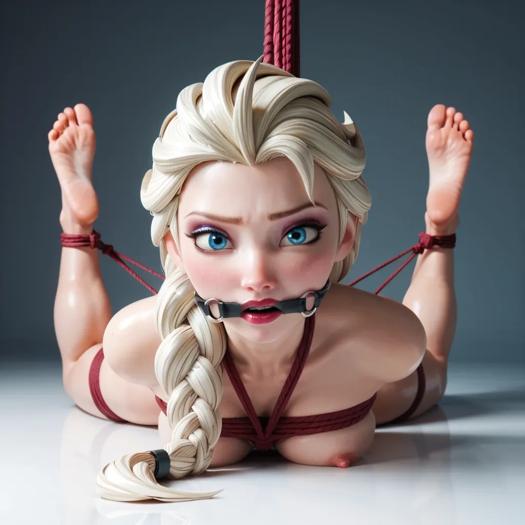 4K, 8K, masterpiece, best quality, , , , 1girl, Elsa \(Frozen\), , , , lying on stomach, rope bondage, hogtied, hands behind back, huge gag, , , , looking at viewer, soles focus, ((face view))