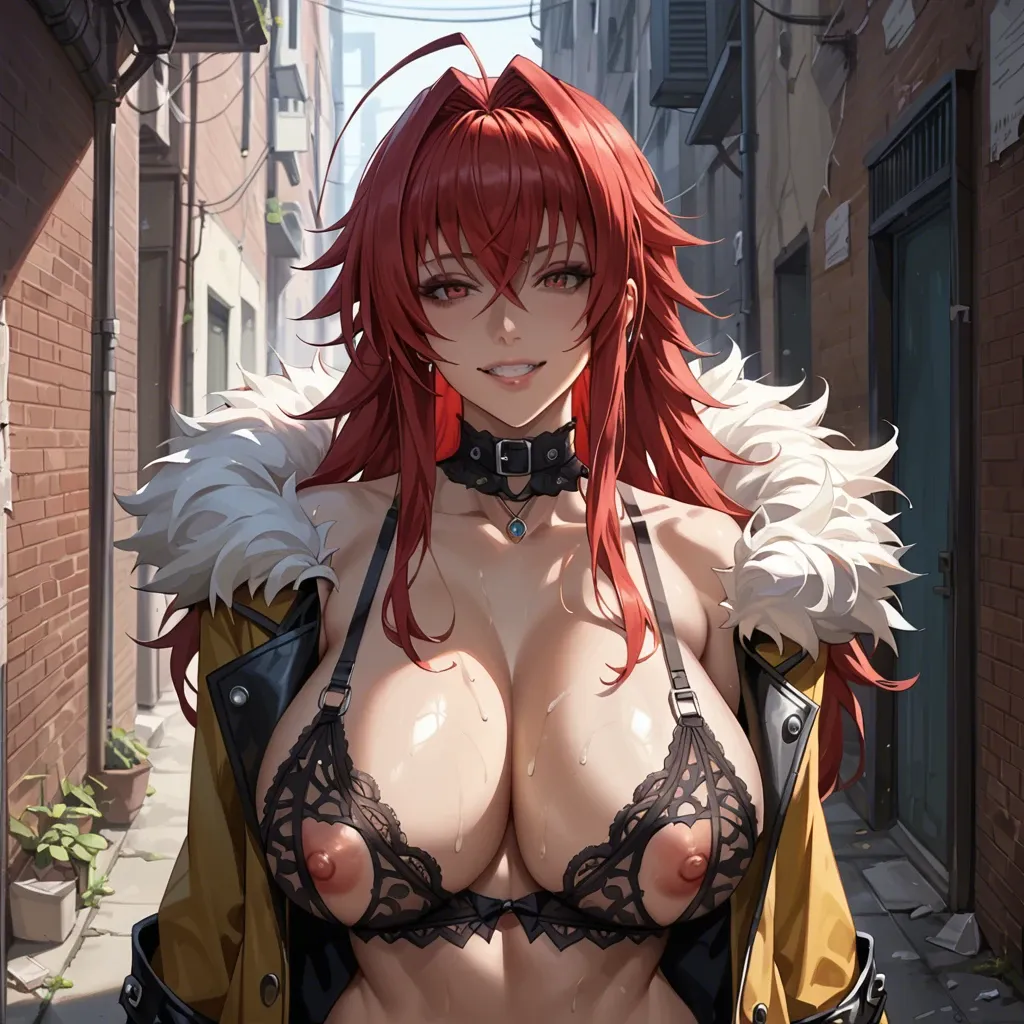 Close view, Rias gremory from high school dxd, Super perfect body , huge breast , hot lingerie,long heavy coat, stand, front view, Dark alley, no one there, smile