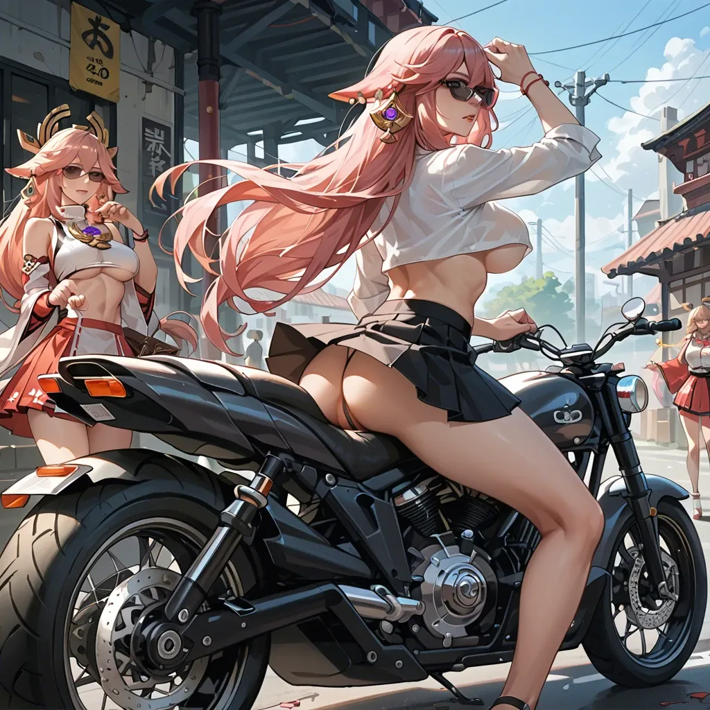 Yae Miko, dressed in a black skirt and an underboob white shirt, poses sitting on a motorcycle, holding the steering wheel with her hands, rear view, skirt raised up and G-string visible, black sunglasses, hair fluttering in the wind