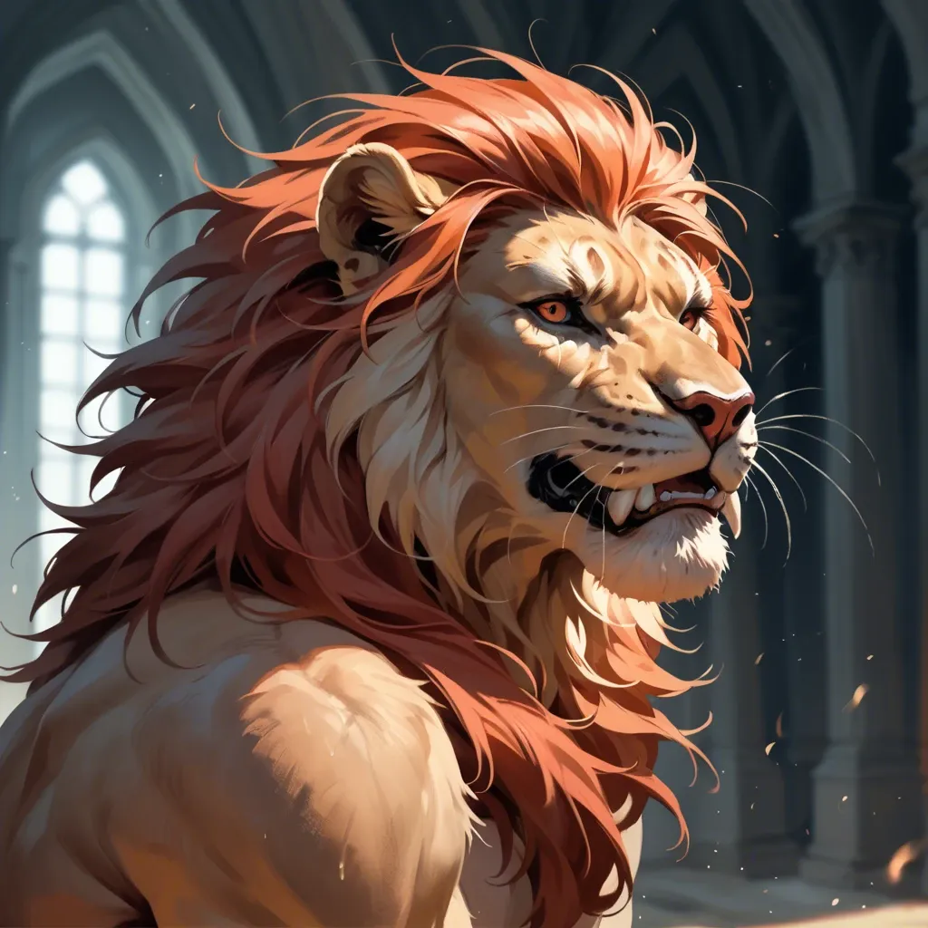 A majestic lion in the savannah, hyper-realistic digital art, warm color palette with shades of orange and red, detailed facial expression with a slight snarl, sharp focus on the subject with a blurred background, shallow depth of field, soft shadows with a gentle transition, strong highlights with bright reflections, a mirror reflection of the lion, a dramatic atmosphere with a sense of power and grace.