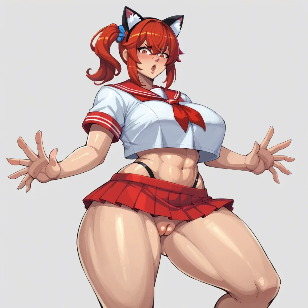 nudiedoodles, fake cat ears, crop top overhang, serafuku, microskirt, red side ponytail, crossed bangs, sidelocks, huge breasts, huge ass, puffy thighs, fat pussy, innie pussy, massive vulva, oerba yun fang