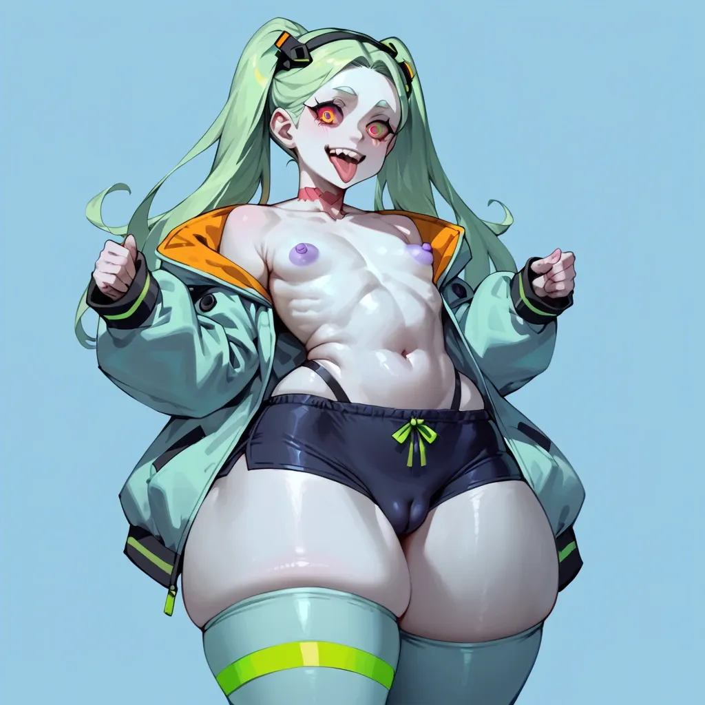 whomperfruit, rebecca (edgerunners), smile, tongue, swim trunks, thighhighs, skindentation, flat chest, huge nipples, excessive puffy nipples, purple nipples, huge hips, hyper thighs, puffy thigs, cameltoe