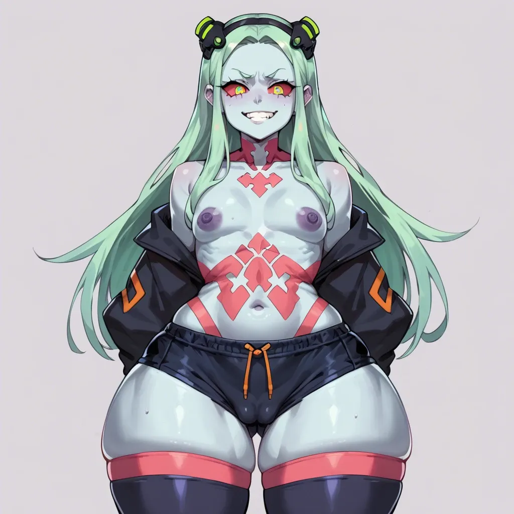 deruwu96, rebecca (edgerunners), smug, swim trunks, thighhighs, skindentation, flat chest, huge nipples, excessive puffy nipples, dark purple nipples, huge hips, hyper thighs, puffy thigs, cameltoe