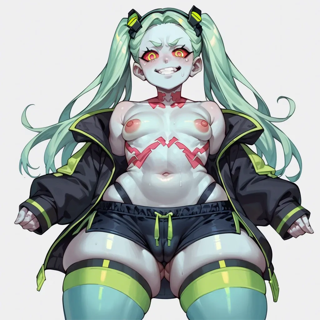 gardegu, rebecca (edgerunners), smug, swim trunks, thighhighs, skindentation, flat chest, huge nipples, excessive puffy nipples, red areolae, huge hips, hyper thighs, puffy thigs, cameltoe