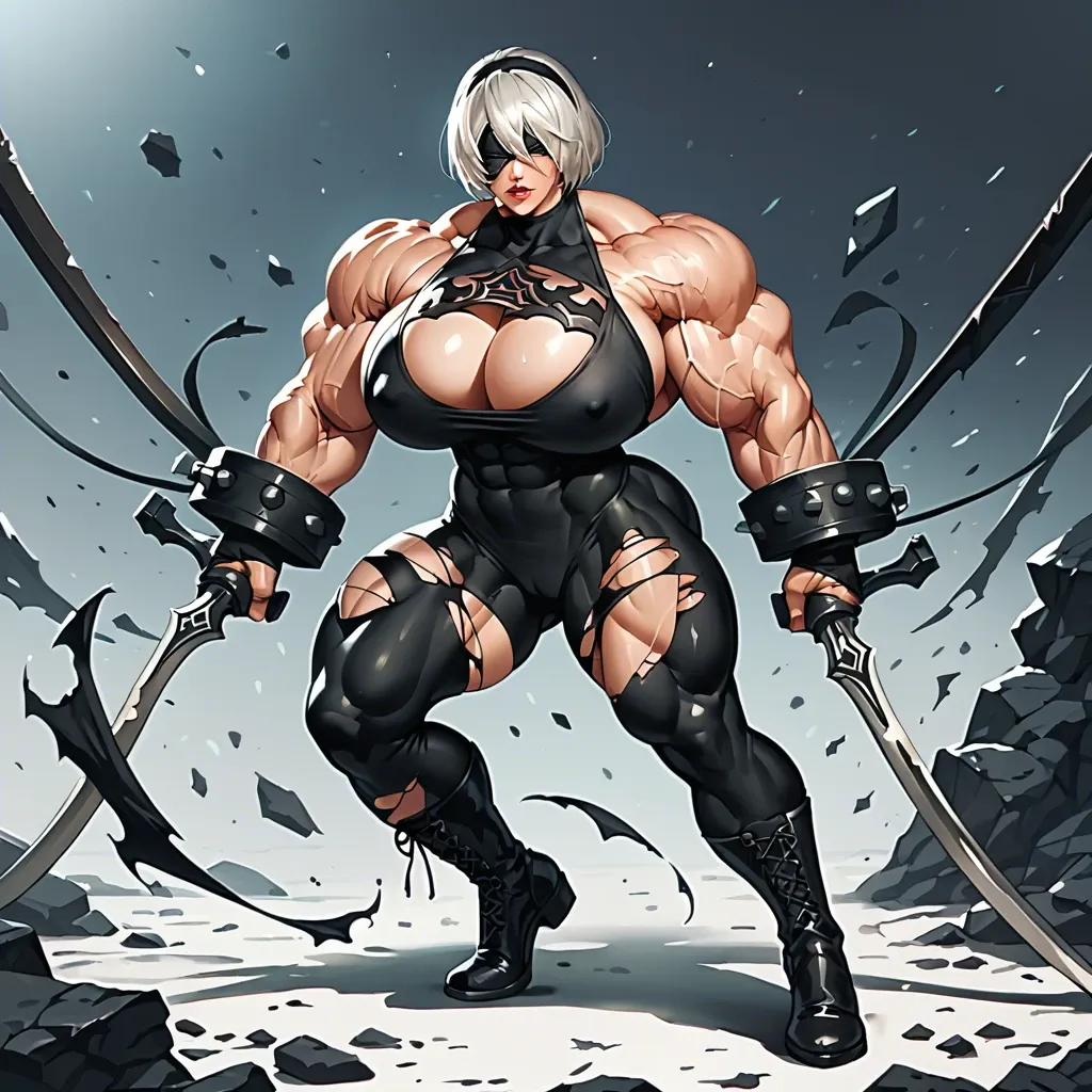 Yorha 2b, female, huge breasts, hyper muscles, large muscles, abs, big muscles, biceps, dominate, full body, looking at viewer, ripped clothing, destroyed boots, in bedroom