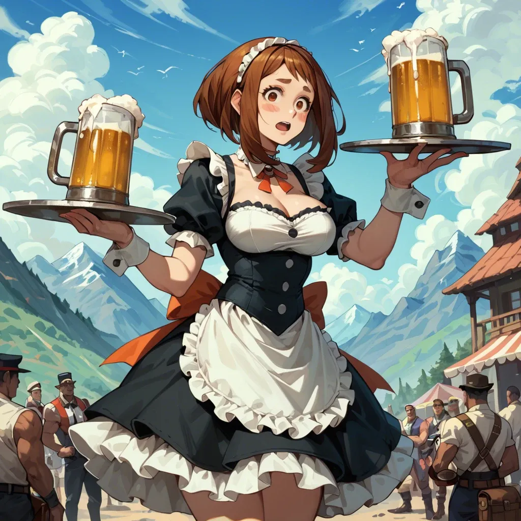 Ochako Uraraka, Austrian barmaid costume, posing, carrying a tray with beer mugs, cleavage, mountain bar