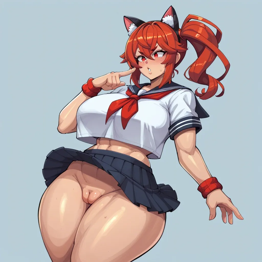 nudiedoodles, fake cat ears, crop top overhang, serafuku, neckerchief, mini pleated skirt, red side ponytail, crossed bangs, sidelocks, huge breasts, huge ass, puffy thighs, fat pussy, innie pussy, massive vulva, oerba yun fang