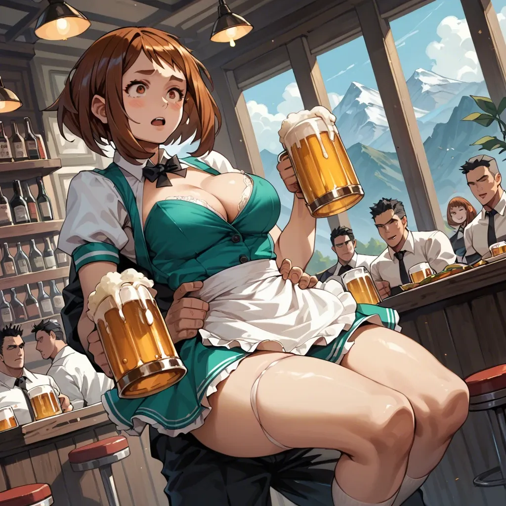 Ochako Uraraka, Austrian waitress costume, carrying a tray with beer mugs, cleavage, mountain bar, chopped angle