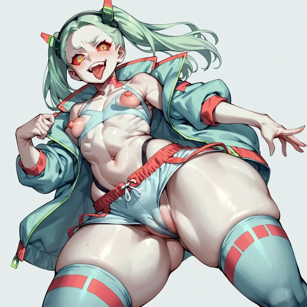 hotsumi, rebecca (edgerunners), smile, tongue, swim trunks, thighhighs, skindentation, flat chest, huge nipples, excessive puffy nipples, huge hips, hyper thighs, puffy thigs, cameltoe