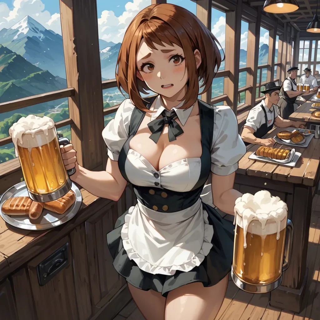 Ochako Uraraka, Austrian waitress costume, standing, carrying a tray with beer mugs, cleavage, mountain bar, aerial view