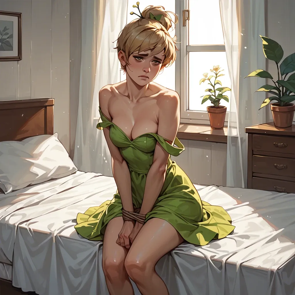 1girl,1man,tinkerbell,sad,bedroom,tied up,undressing,removing dress,grabbing