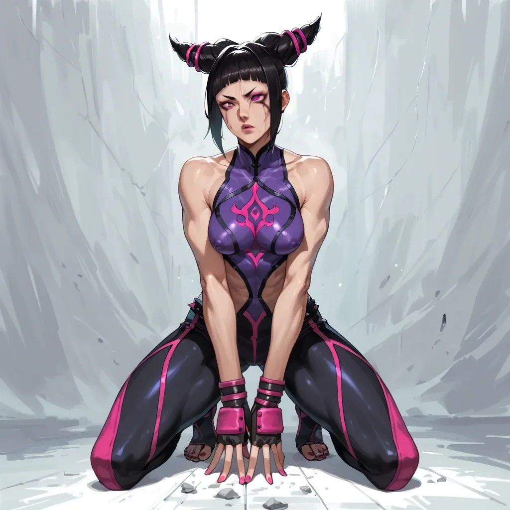 1girl, (Character juri han from street fighter), perfect face, perfect eyes, skinny, in original clothes, kneeling