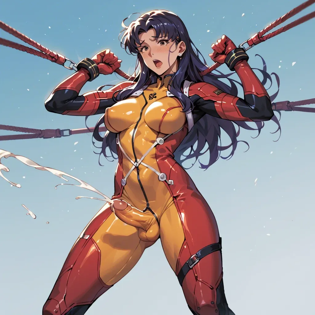 Misato Katsuragi, plugsuit, futanari, ((erect under clothes, erection beneath clothes, testicles under clothes, testicles beneath clothes)), cumming beneath clothes, cumming under clothes