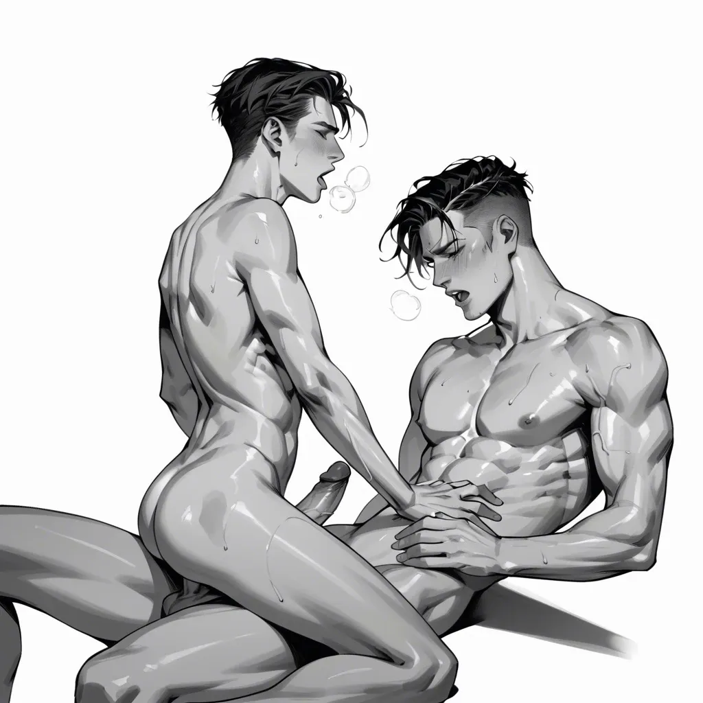 Levi Ackerman on top, naked, hard dick, moaning, leaning back, stroking his cock while riding the on someone dick, black and white colours, black backround, view feom front