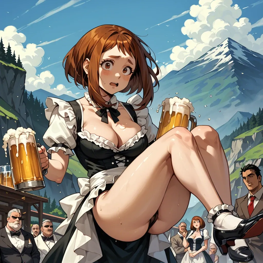 Ochako Uraraka, Austrian barmaid costume, carrying a tray with beer mugs, cleavage, mountain bar