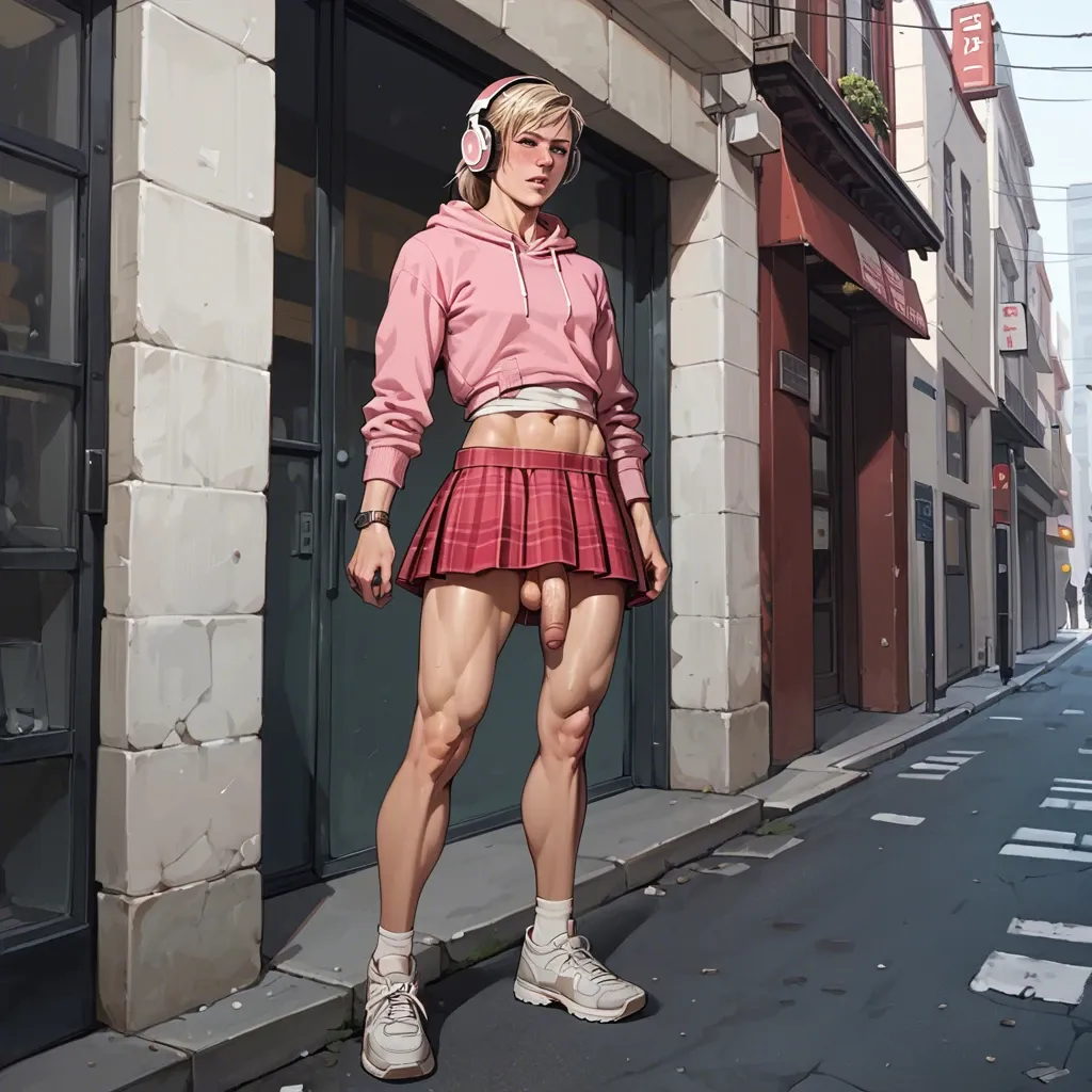 Cassie Cage, femboy,flat chest, muscular,  ,street, , saggy balls,  pink hoodie, headphones, red plaid skirt, upskirt, flaccid, foreskin