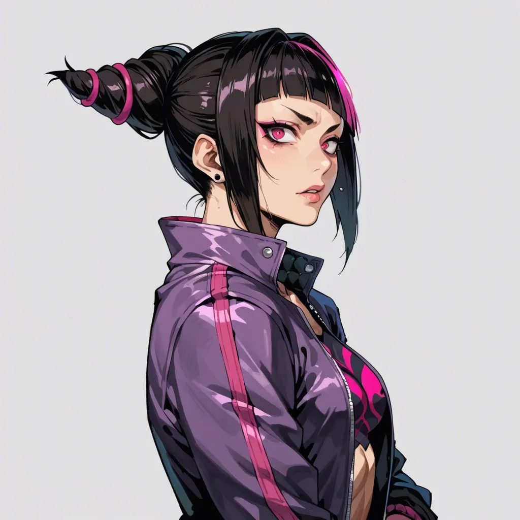 1girl, (Character juri han from street fighter), (perfect face: 1,1),(beautiful big eyes), in jacket, standing, front view, side view