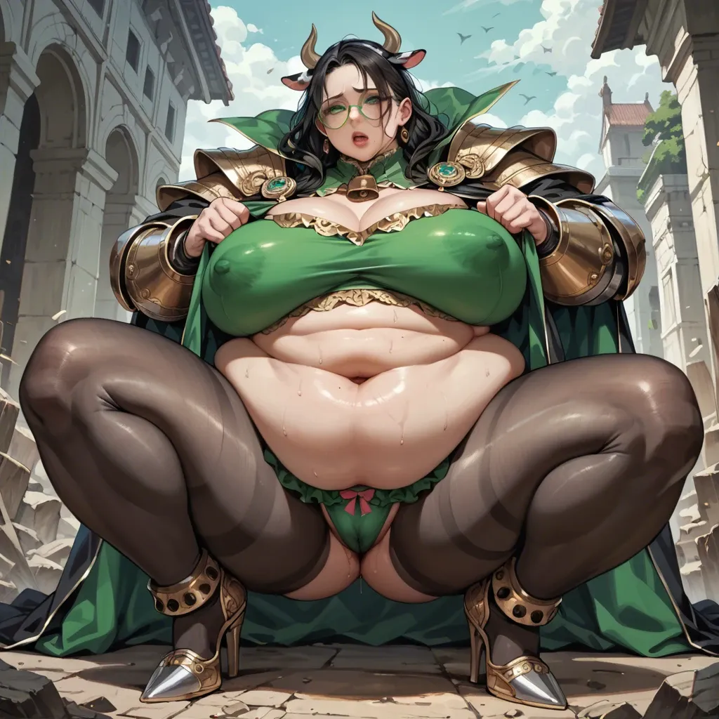 1girl,1boy, , , , mole under eye,fat obese arms,puffy nipple,round navel,detailed skins, green shirt,anklets,opaque glasses,frilled panties,armored boots, cow costume,black pantyhose,cape,showing thong,white boots, in a kitchen, forest, dungeon, riding dildo, digital art, bright, linked collars, makinami