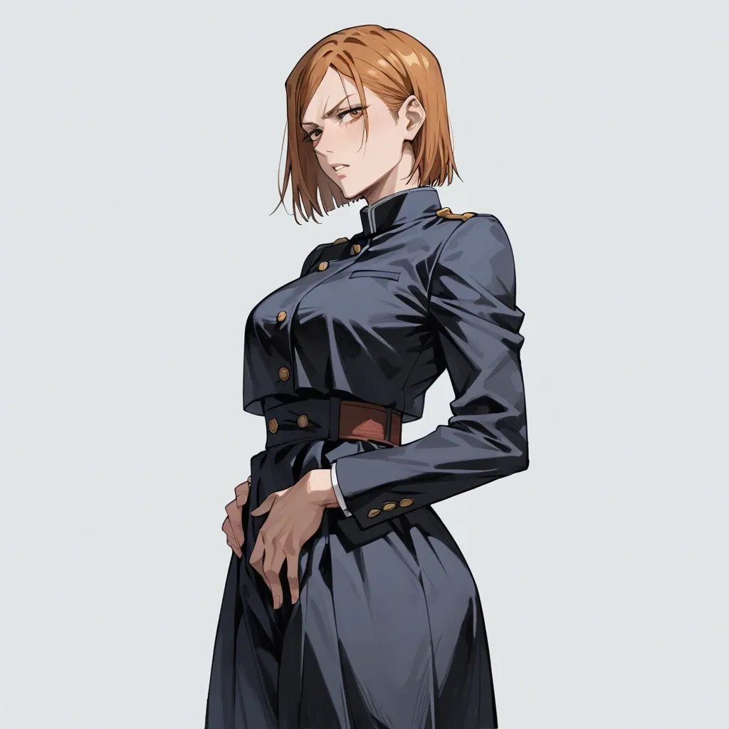 1girl, (Character nobara Kugisaki from jujutsu kaisen), (perfect face: 1,1),(beautiful eyes), in black uniform, standing, hands on waist, front view, side view