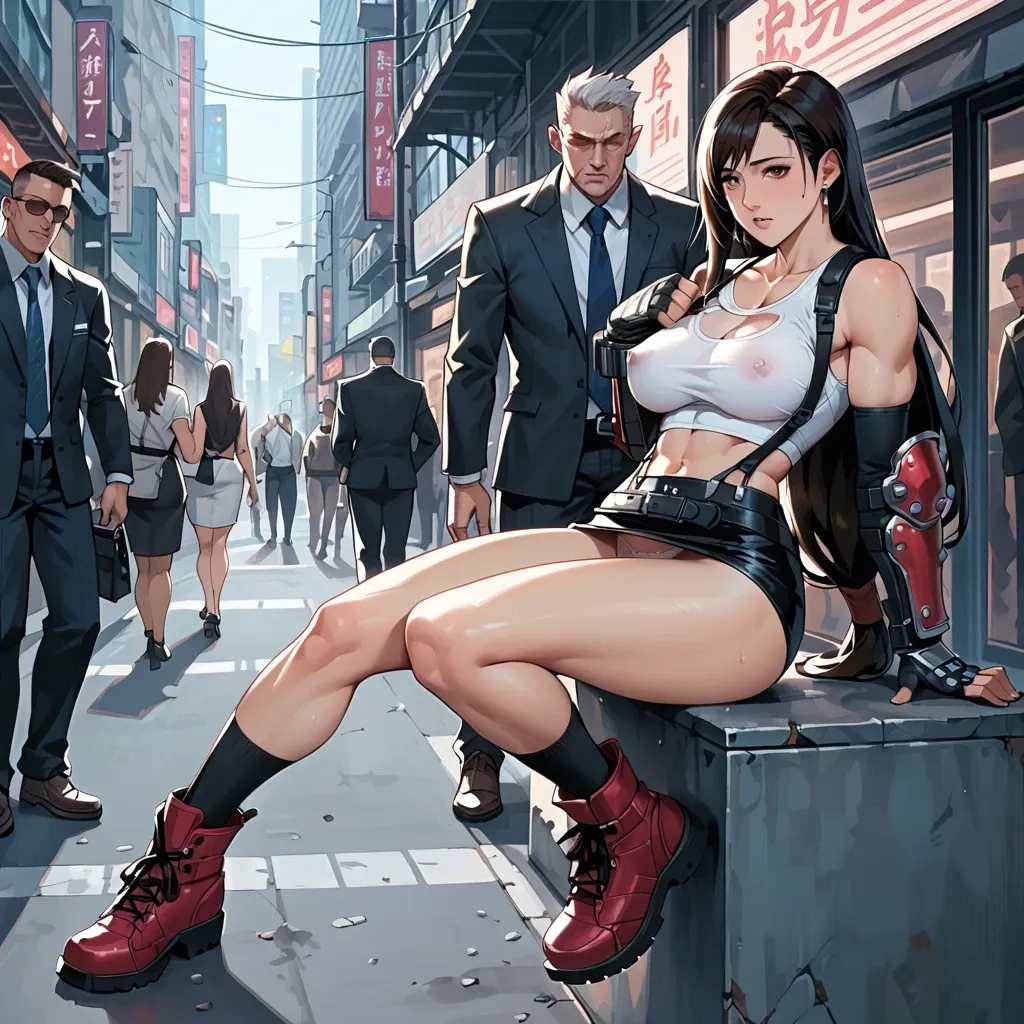 2girl, , , , pupils,showing feet,perky boobs,pectorals,pink scaly skin, hotpants,socks,white panties,crotchless,armored boots, office dress, crowded street, cyberpunk, tifa, dynamic