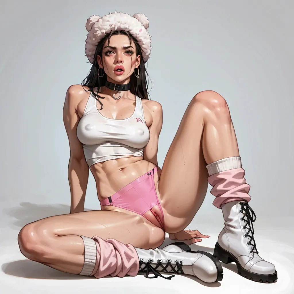 1girl,solo, , , , big lips,feet tied,perky tits,wide hips,skinny legs, tight tank top,leg warmers,black collar,pink panties,white boots, dressed,knee-high socks,fur hat,sexy red bikini,black boots, couch, caulfield, tavern setting, zelda, spider-gwen, dynamic pov