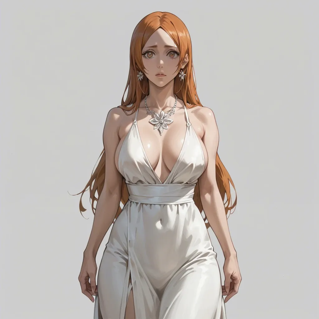 1girl, (Character orihime inoue from bleach: 1,2), (perfect face: 1,3), (beautiful big eyes: 1,1), in white dress, standing, front view, line art