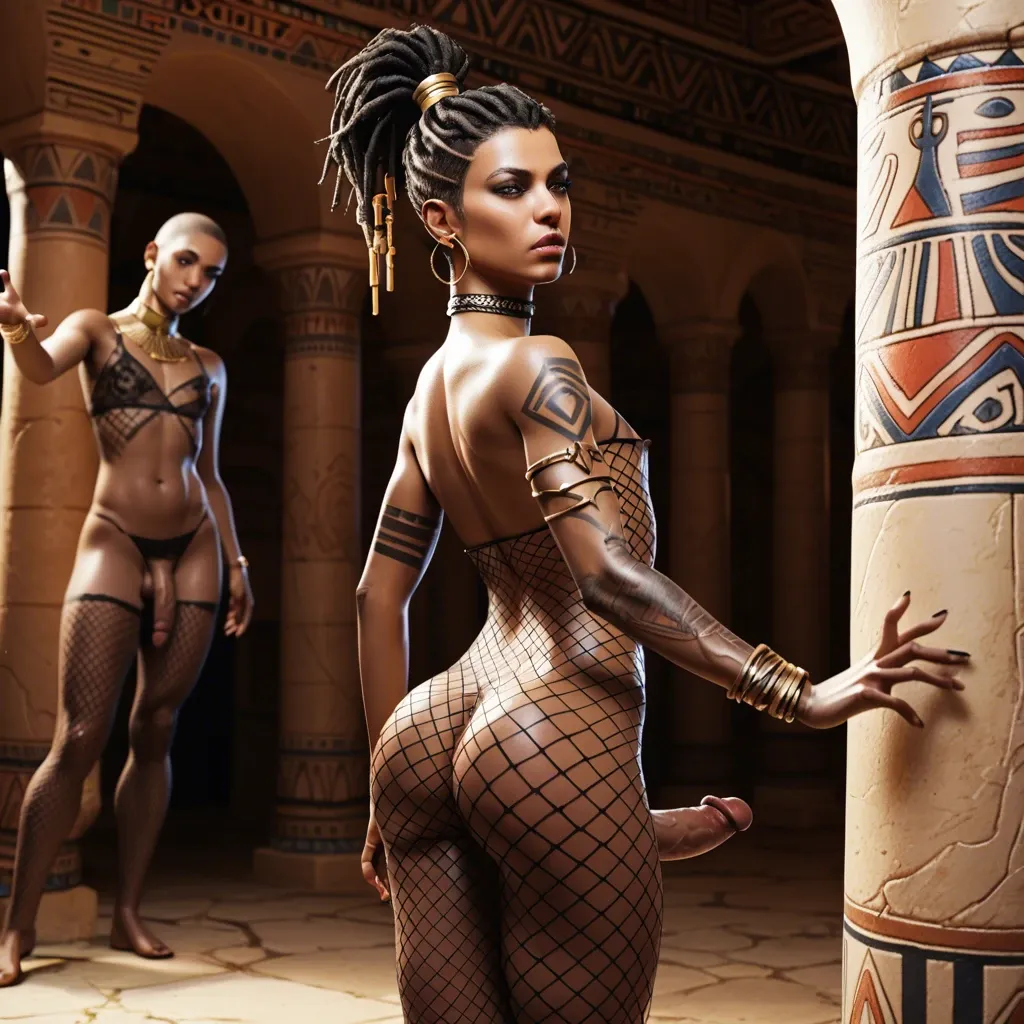 2femboy, , , ,3d, veiny penises, FUTA,very slim waist,flat chest,fishnet, tattoos,choker, African ethnicity, Turkish ethnicity, Egyptian tomb, from behind, reaching ass,looking back, exposed asshole , collaborative,