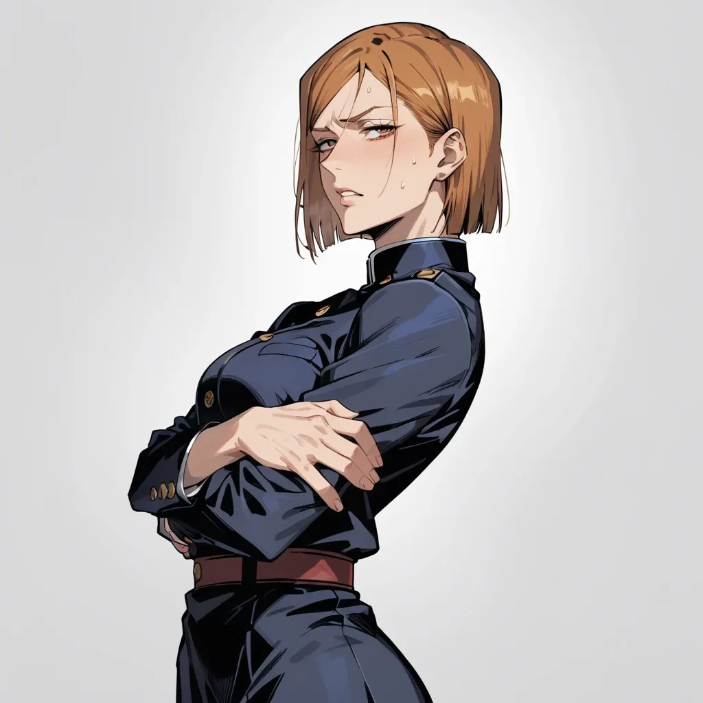 1girl, (Character nobara Kugisaki from jujutsu kaisen), (perfect face: 1,2), (beautiful eyes: 1,1), in black uniform, standing, hands on waist, front view, side view