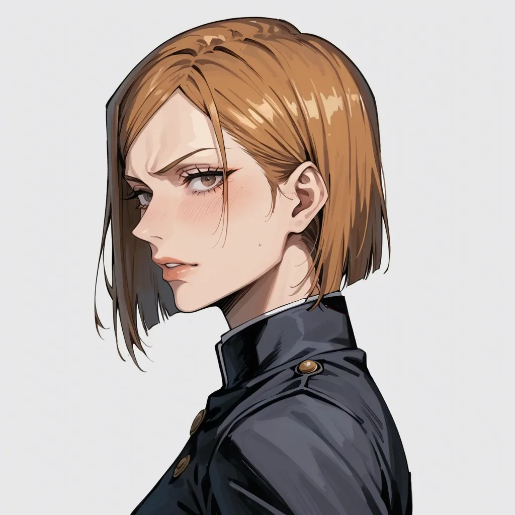 1girl, (Character nobara Kugisaki from jujutsu kaisen), (perfect face: 1,1),(beautiful eyes), in black uniform, standing, front view, side view