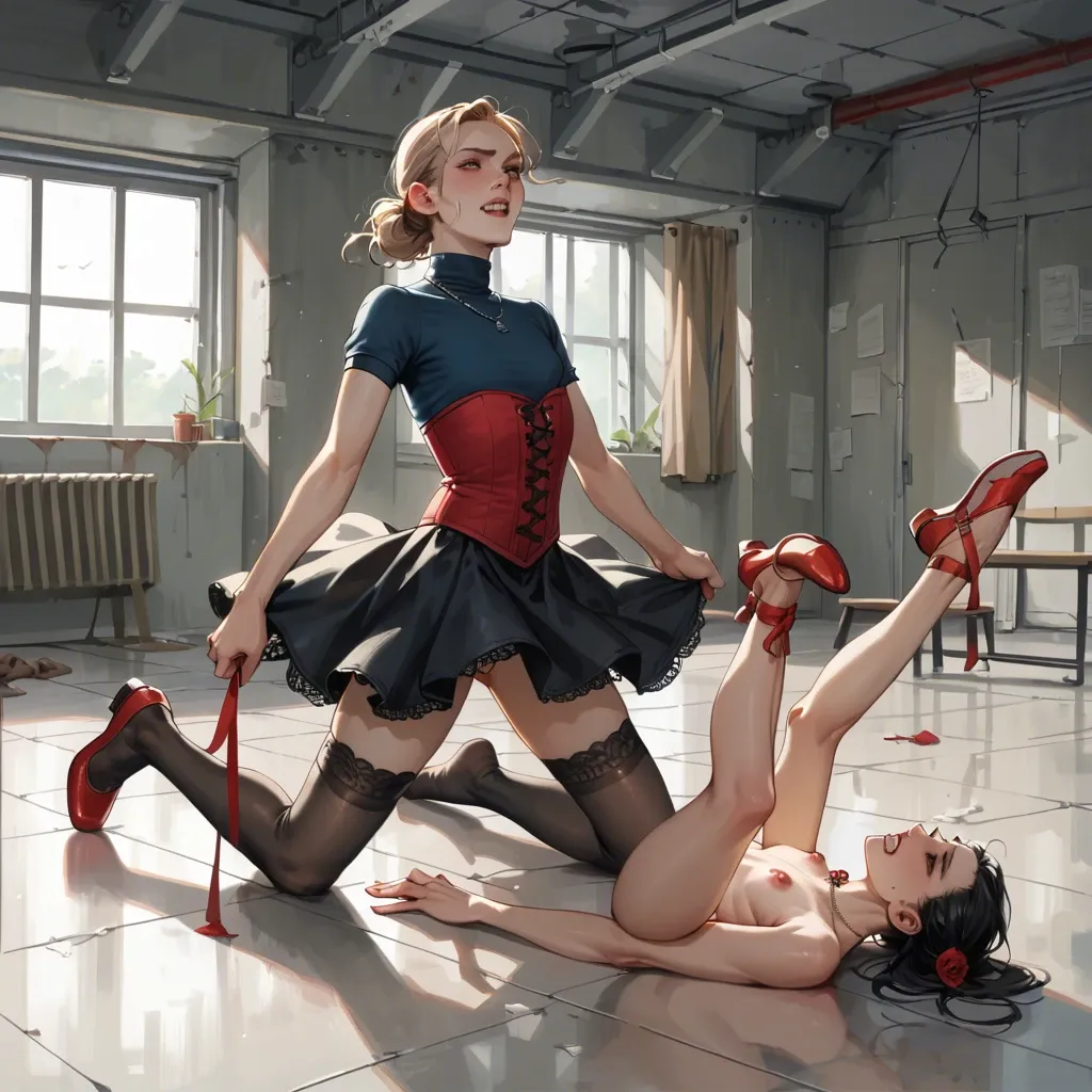 2girl, , , , cute nose,feet tied,big tits,high waisted,neck, gritting teeth,army,flat chest,background room,blue turtleneck, black dress,lace stockings,necklace,red corset,ballet shoes, pink dress,tights,suspender belt,bra,no shoes, club setting, at the beach, cyberpunk, tifa, anna frozen, waifu