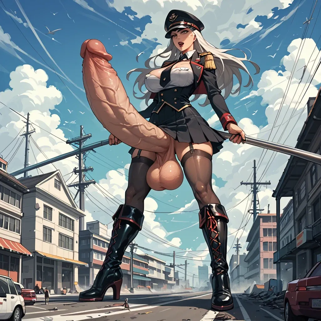 Giantess, high boots, stockings,gigantic boobs, futa, gigantic cock, destroyed the ships